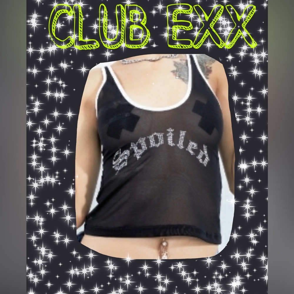 See through spoiled black tank top with white trim and sparkly spoiled